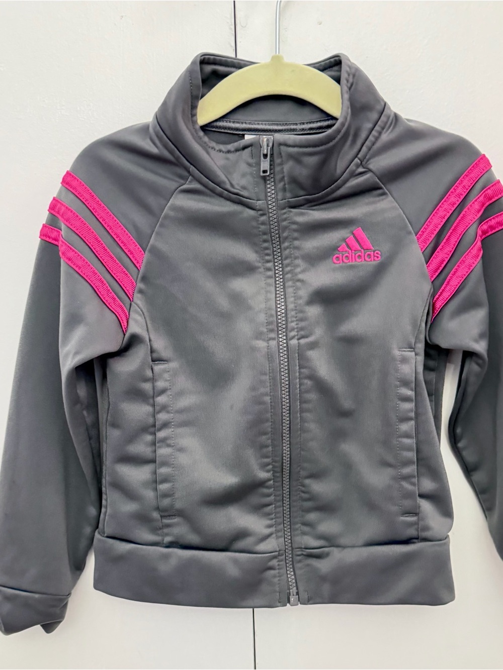 adidas Dark Gray Tricot Track Jacket with Pink Logo